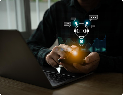 AI chatbot development services - person interacting with holographic AI interface showing enterprise technology icons