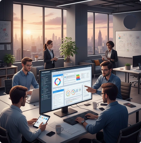 Team collaborating on CRM dashboard