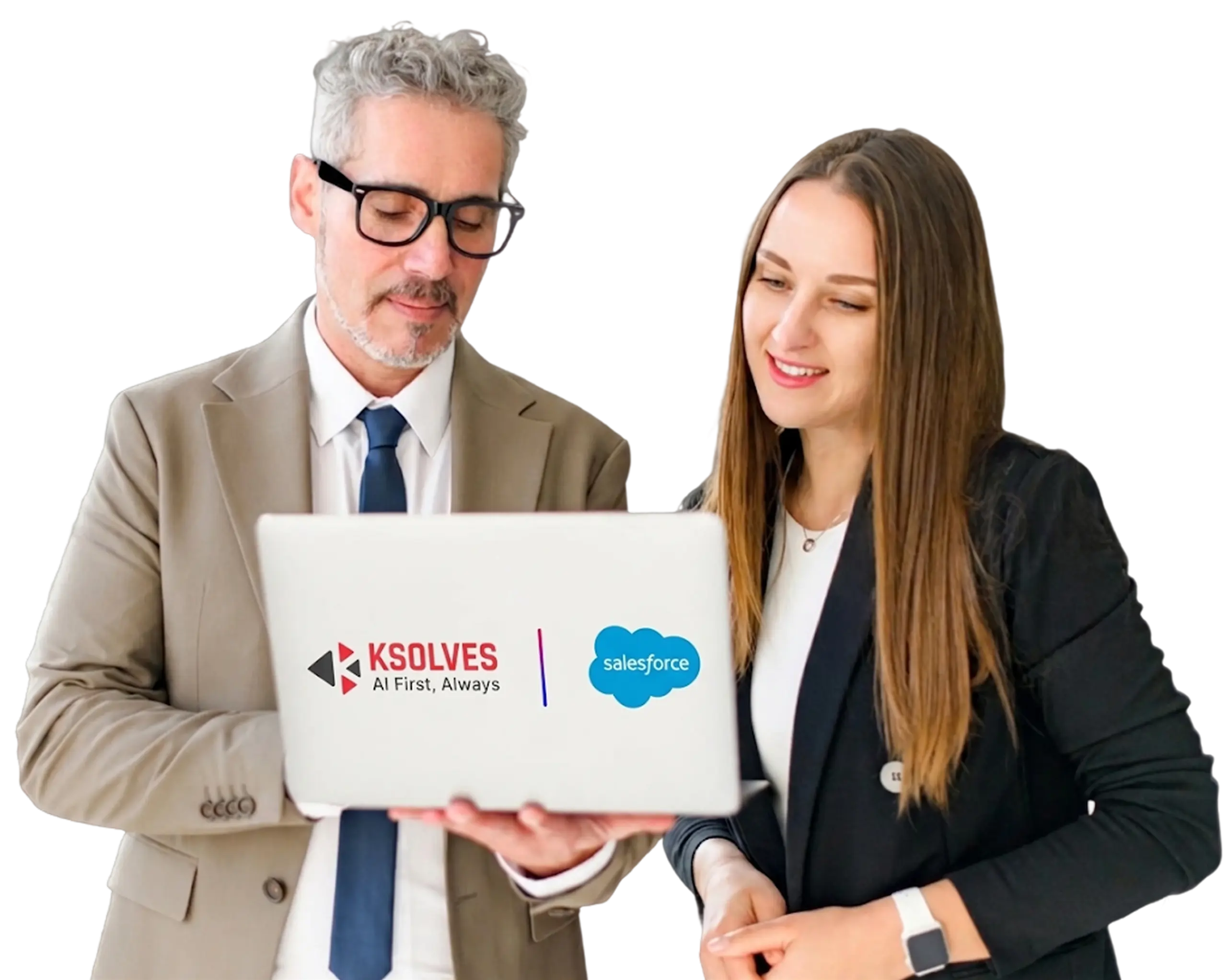 Salesforce professionals collaborating with laptop showing Ksolves and Salesforce logos